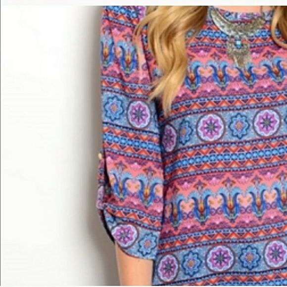 Boutique Boho tribal geometric stripe scoop neck rayon 3/4 sleeve tunic top S - Picture 3 of 6